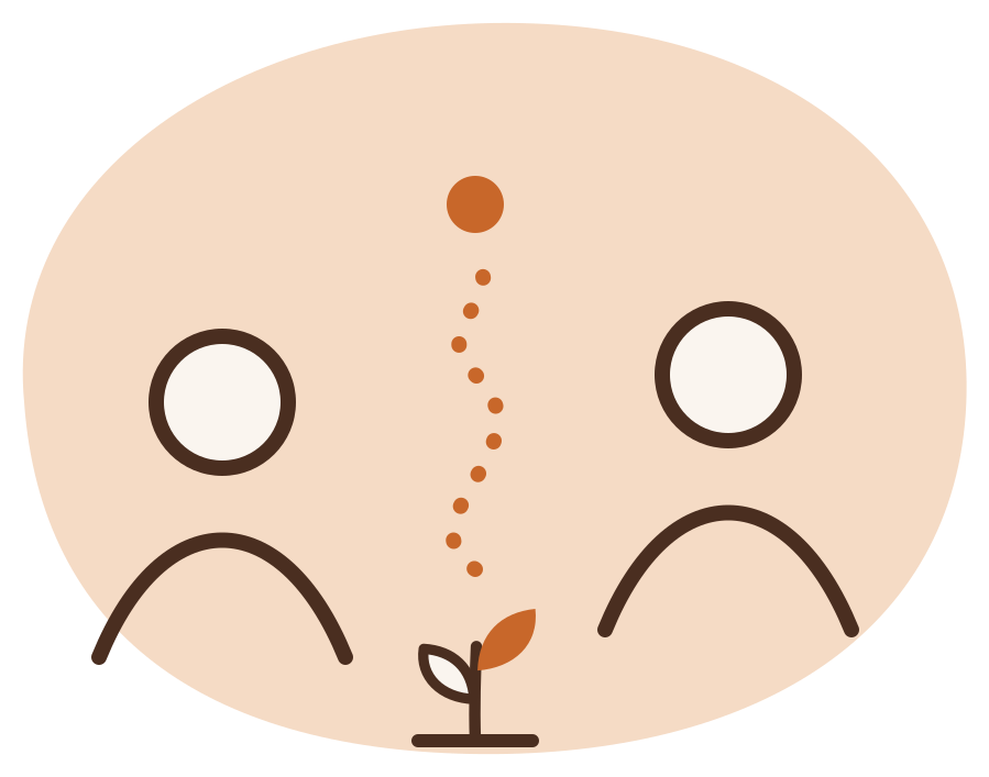 Two figures with a winding path between them leading to a warm light, and a small sprout where the path begins, illustration