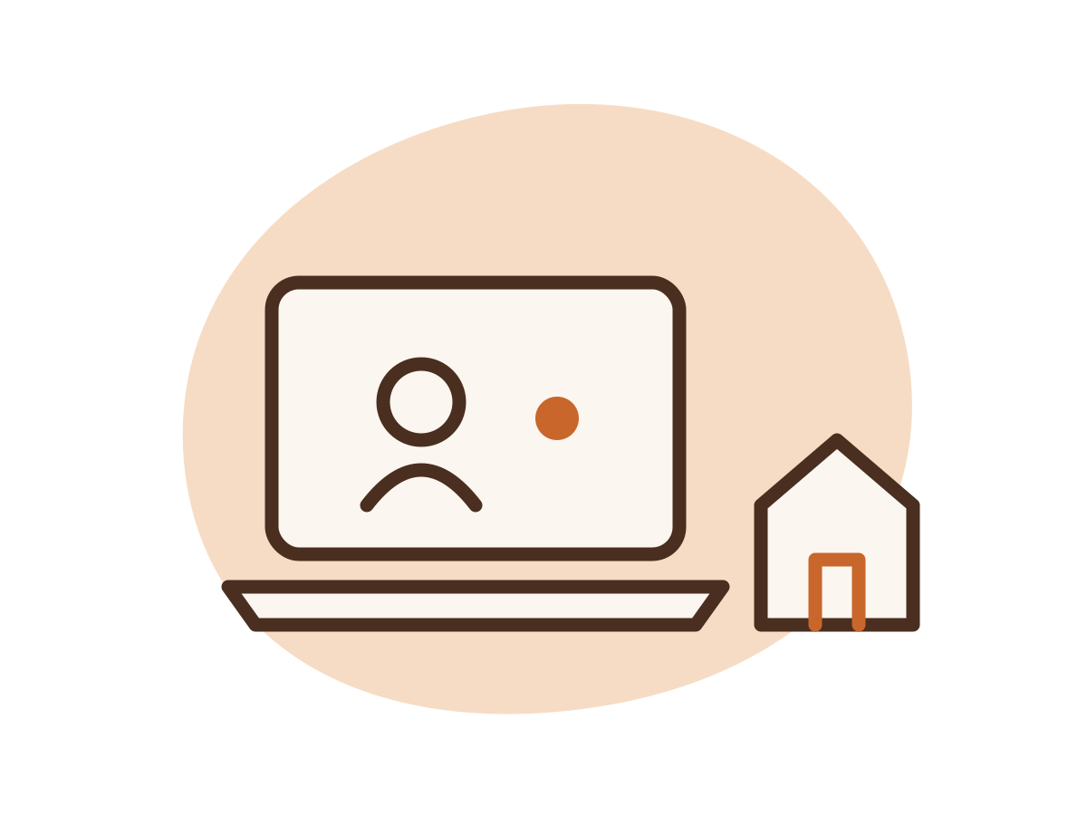 A laptop video call beside a small house, illustration