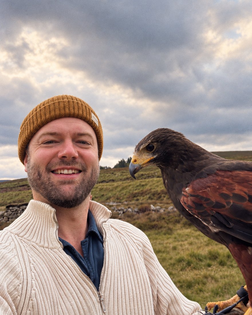 Olivier Passebecq with a hawk on a recent trip to Scotland